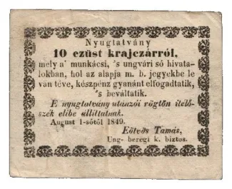 Hungarian notgeld 10 Kreuzer, 1849 obverse