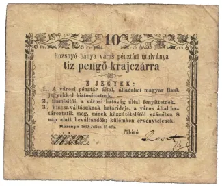 Hungarian notgeld 10 Kreuzer, 1849 obverse