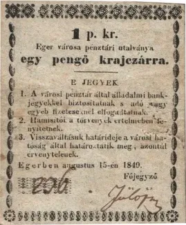 Hungarian notgeld 1 Kreuzer, 1849 obverse