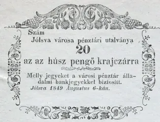 Hungarian notgeld 20 Kreuzer, 1849 obverse
