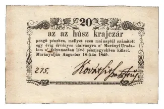 Hungarian notgeld 20 Kreuzer, 1849 obverse