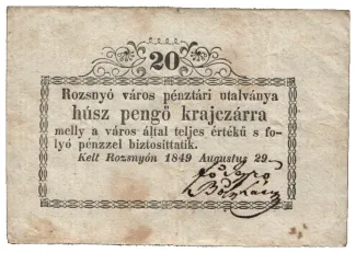 Hungarian notgeld 20 Kreuzer, 1849 obverse