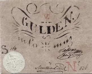 Hungarian notgeld 5 Gulden, 1849 obverse