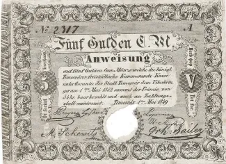 Hungarian notgeld 5 Gulden, 1849 obverse
