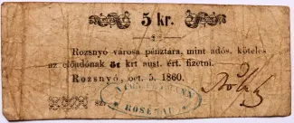 Hungarian notgeld 5 Kreuzers, 1860 obverse