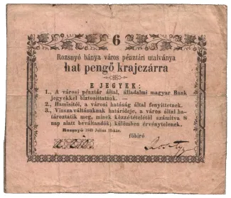 Hungarian notgeld 6 Kreuzer, 1849 obverse