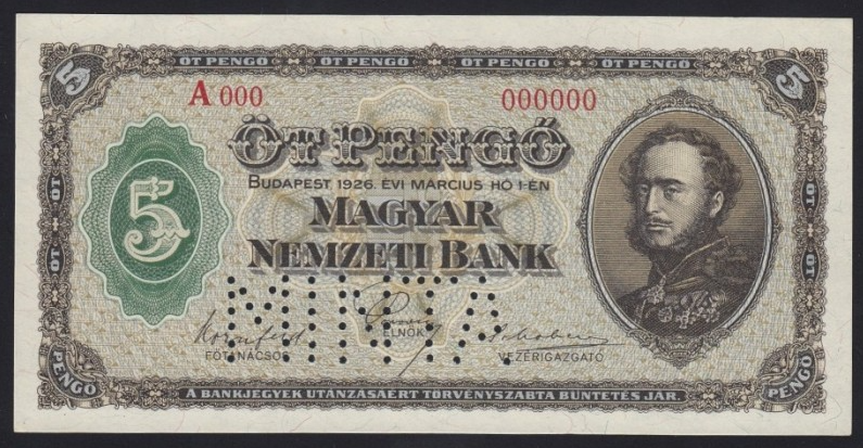 Hungary 5 Pengő, 1926 P-89 - MINTA obverse