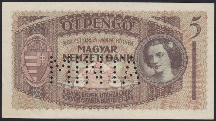 Hungary 5 Pengő, 1938 P-104 - MINTA obverse