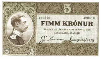 Iceland 5 Krónur, 1928 obverse