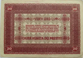 Italian States 20 Liri, 1918 reverse