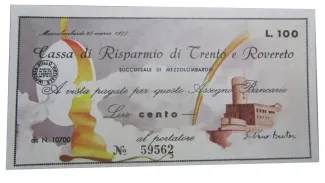 Italy 100 Lire Cassa di Risparmio di Trento e Rovereto - Succursale di Mezzolombardo, 1977 obverse