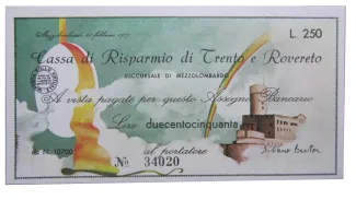 Italy 250 Lire Cassa di Risparmio di Trento e Rovereto - Succursale di Mezzolombardo, 1977 obverse