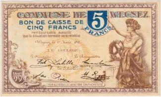 Liège (Wegnez) 5 Francs, 1915 image