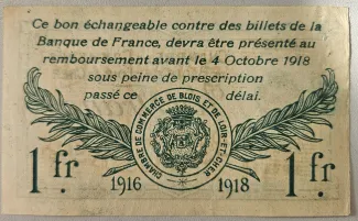 Loir et Cher, Department of 1 Franc, 1916 reverse