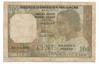 Madagascar 100 Francs - Provisional "Institut d'Émission" Overprint Issue, 1963 obverse