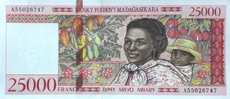Madagascar 25.000 Francs / 5000 Ariary, 1998-2003 obverse