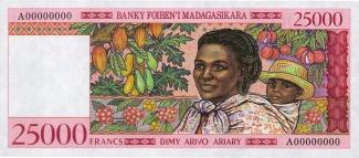 Madagascar 25.000 Francs / 5000 Ariary, 1998-2003 - (fr) P-82s spécimen obverse