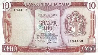 Malta 10 Liri, 1973 obverse