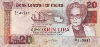 Malta 20 Lira, 1986 obverse