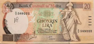 Malta 20 Lira, 1989 obverse