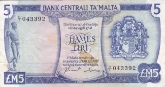 Malta 5 Liri, 1973 obverse