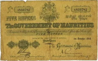 Mauritius 5 Rupees, 1907-1928 obverse
