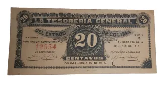 Mexican States 20 Centavos La Tesoreria General del Estado de Colima,  image