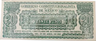 Mexican States 20 Pesos, 1913 reverse