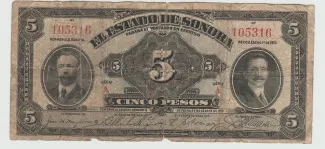 Mexican States 5 Pesos, 1915 obverse