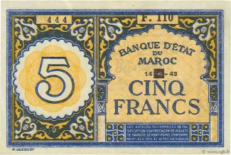 Morocco 5 Francs, 1944 image