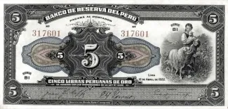 Peru 5 Libras Peruanas de Oro, 1922-1926 obverse