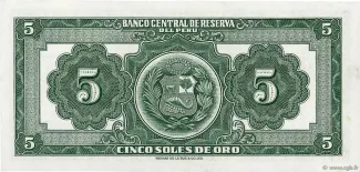 Peru 5 Soles de Oro, 1952-1954 reverse