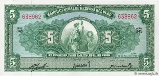 Peru 5 Soles de Oro, 1956-1960 obverse