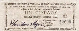 Philippine notgeld 10 Centavos, 1943 obverse