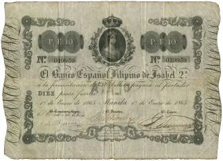 Philippine notgeld 10 Pesos Fuertes - Isabel II, 1852-1865 obverse