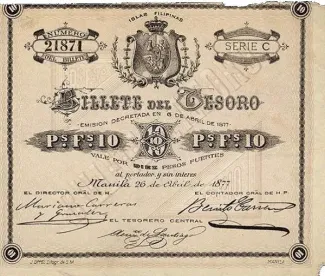 Philippine notgeld 10 Pesos, 1877 obverse