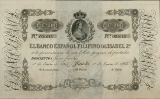 Philippine notgeld 200 Pesos Fuertes - Isabel II, 1865 obverse