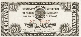 Philippine notgeld 20 Centavos, 1941 obverse
