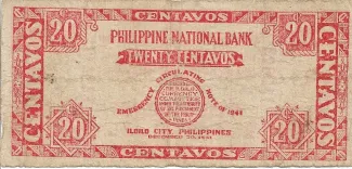 Philippine notgeld 20 Centavos, 1941 reverse