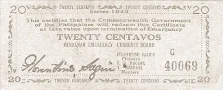 Philippine notgeld 20 Centavos, 1943 obverse