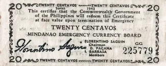 Philippine notgeld 20 Centavos, 1943-1944 obverse