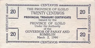 Philippine notgeld 20 Centavos, 1944 reverse