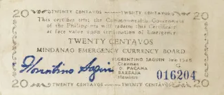 Philippine notgeld 20 Centavos, 1944-1945 obverse