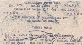 Philippine notgeld 20 Pesos, 1945 obverse
