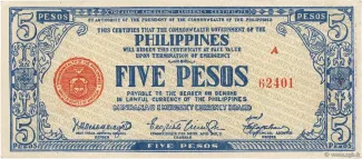 Philippine notgeld 5 Pesos, 1942 obverse