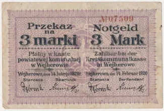 Polish notgeld 3 Marks, 1920 obverse