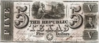 Republic of Texas 5 Dollars, 1839-1841 obverse