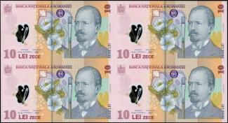 Romania 10 Lei, 2018-2026 P-119 - Serial # prefix 24 - uncut sheet of 4 obverse