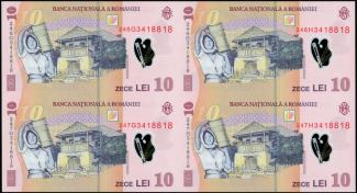 Romania 10 Lei, 2018-2026 P-119 - Serial # prefix 24 - uncut sheet of 4 reverse