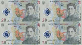 Romania 20 Lei, 2021-2023 P-119 - Serial # prefix 25 - uncut sheet of 4 obverse